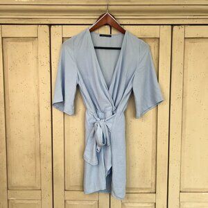 Decker Light Blue Wrap Mini Dress with Tie Waist, Size Small